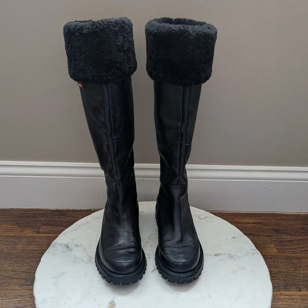 Hunter Steamboat Womens Sz 7 Black Leather Tall Boots Sheepskin Lined Waterproof